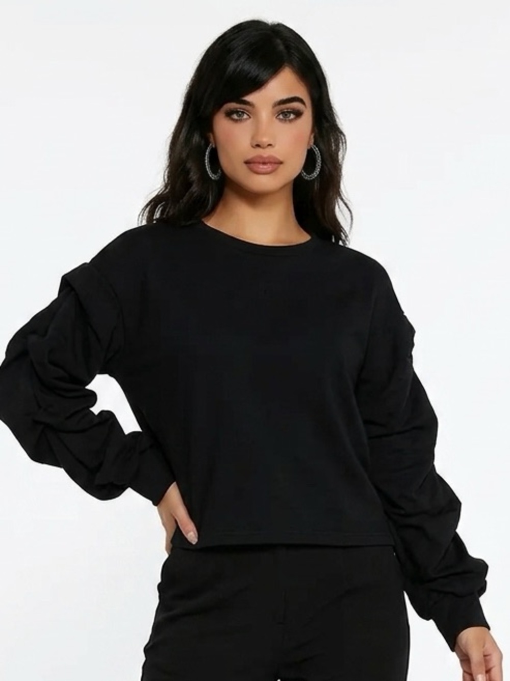VERY J | Gathered Long Sleeve Boxy Black Top Ruffle Look Women’s M